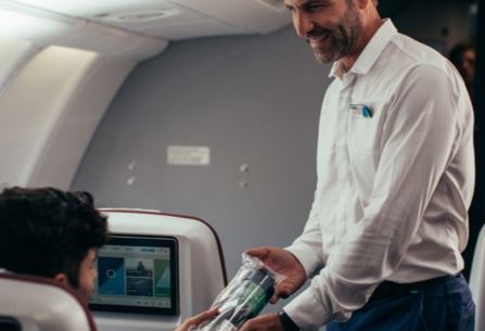 Level crew member serving customer on board plane