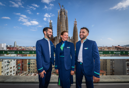 Members of LEVEL cabin crew posing in Barcelona