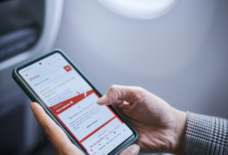 Customer using Iberia app on board plane
